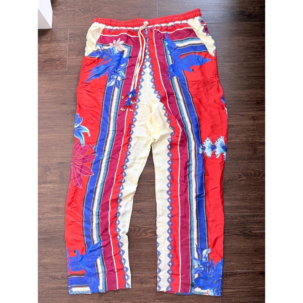 Farm Rio Tropical Scarf Print Beaded Tassel Viscose Pants Red Blue Large NEW